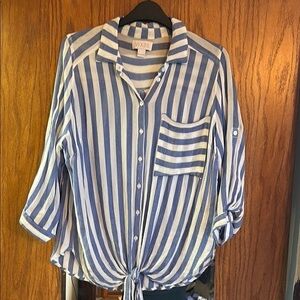 Vixbe Thompkins button down tie front striped blue and white rayon pocket shirt